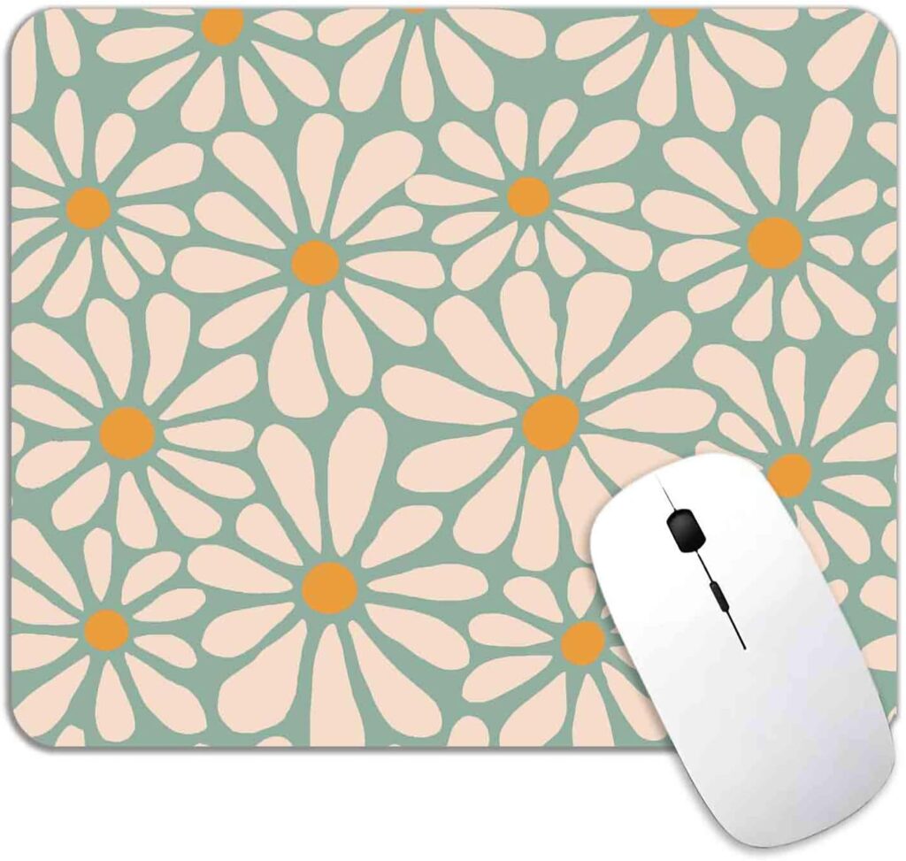 Green Daisy Flower Mouse Pad Mat Cute, Premium-Textured Washable Boho Retro Aesthetic Mousepad with Non-Slip Rubber Base Floral Modern Art Mice Pad for Computer Home Office Decor, Abstract
