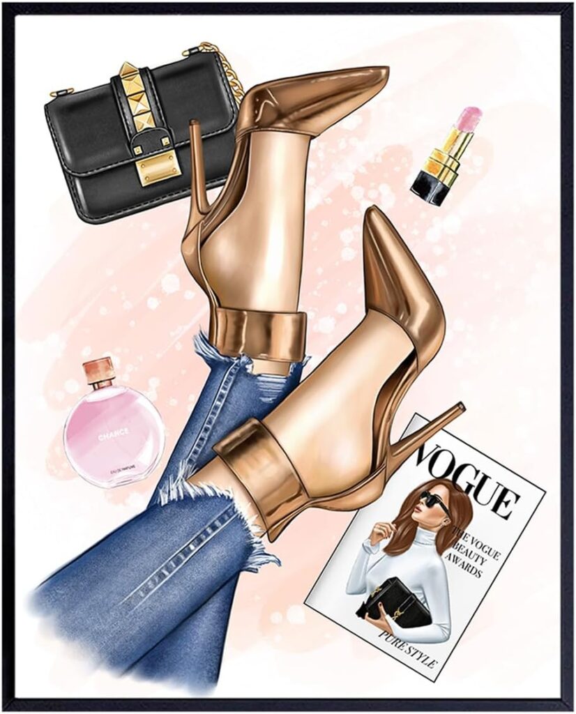 Glam Wall Art Room Decor – Luxury Designer Handbag, Shoes, Perfume Bottle – High Fashion Design Wall Artwork Poster – Couture Glamour Art – Cute Girly Gift for Women, Girls, BFF, Best Friend, Wife