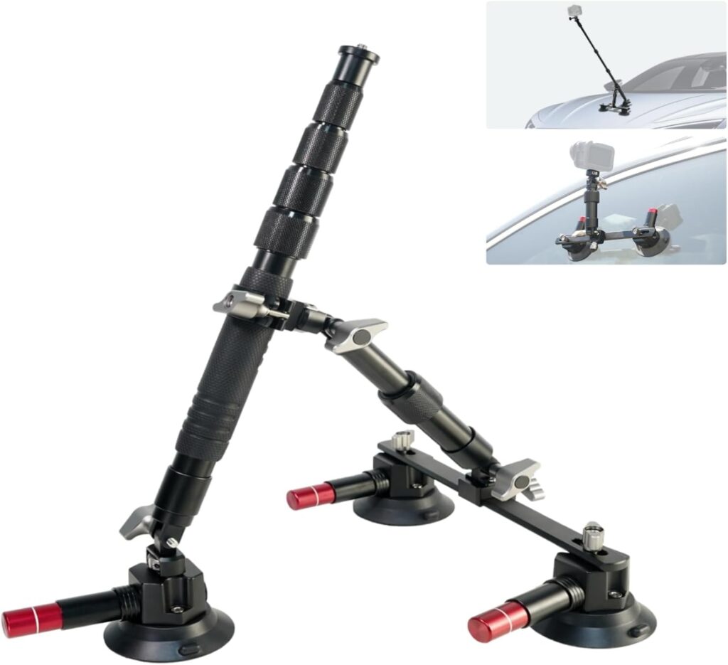 FIFIELD Triple Suction Cup Car Mount Kit with 2in1 Selfie Stick, Quick Release Adjustable Extension Pole Camera Mount for Windshield Dashboard Hood, Compatible with GoPro Insta360 DJI Action Cameras