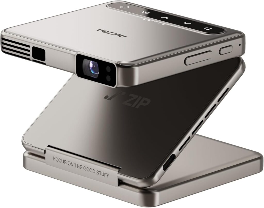 Aurzen ZIP Tri-Fold DLP Truly Mini Projector, Pocket Size, Zero-Lag Focus, One-Click Screen Mirroring, Full-Screen Mode, Type-C Fast Charging, 5,000mAh Battery, Indoor Outdoor Portable Projector,Gold