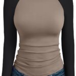 Trendy Queen Women’s Long Sleeve Shirts Slim Fit Stretchy Color Block Slightly Cropped Tops