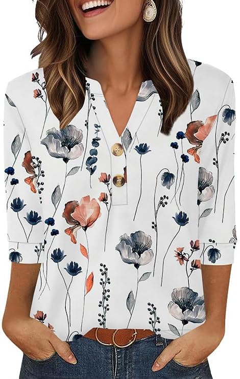 OFEEFAN Womens Tops 3/4 Sleeve Henley Shirts for Women Fall Fashion 2025 School Outfits for Teachers