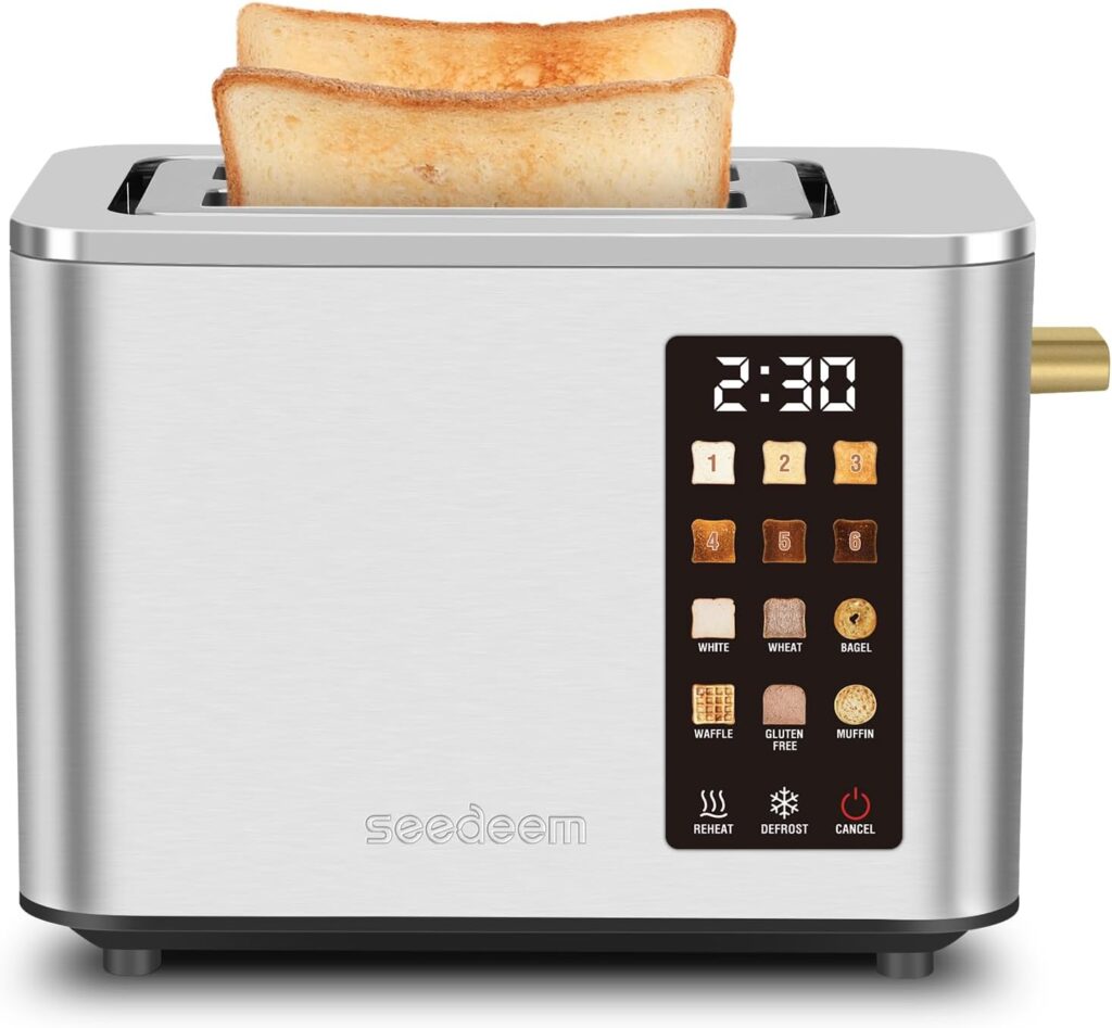 SEEDEEM Toaster 2 Slice, Touch Control Screen, Smart Stainless Toaster, 6 Shade Setting, 6 Bread Selection, Countdown, Removable Crumb Tray, 900W, Silver Metallic