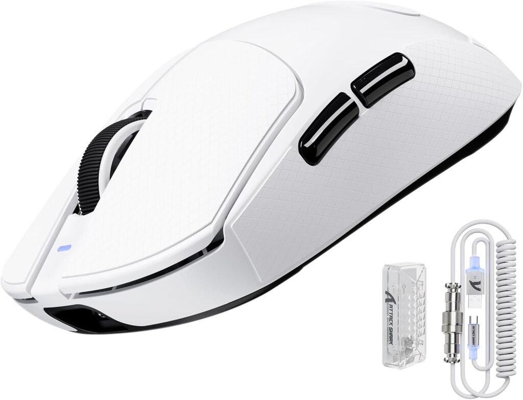 ATTACK SHARK X8ULTRA Wireless Gaming Mouse, 42000 DPI PAW3950MAX Sensor, 8000Hz Optical Nordic 52840 Tri-Mode 2.4G/BT/Wired, 55g Lightweight Big Hand Ergonomic Mouse with Coiled Cable-White&Tape