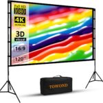 Projector Screen and Stand, Towond 120 inch Portable Projector Screen Indoor Outdoor Movie Screen 16:9 4K HD Wrinkle-Free Lightweight Projection Screen with Carry Bag for Backyard Movie Night