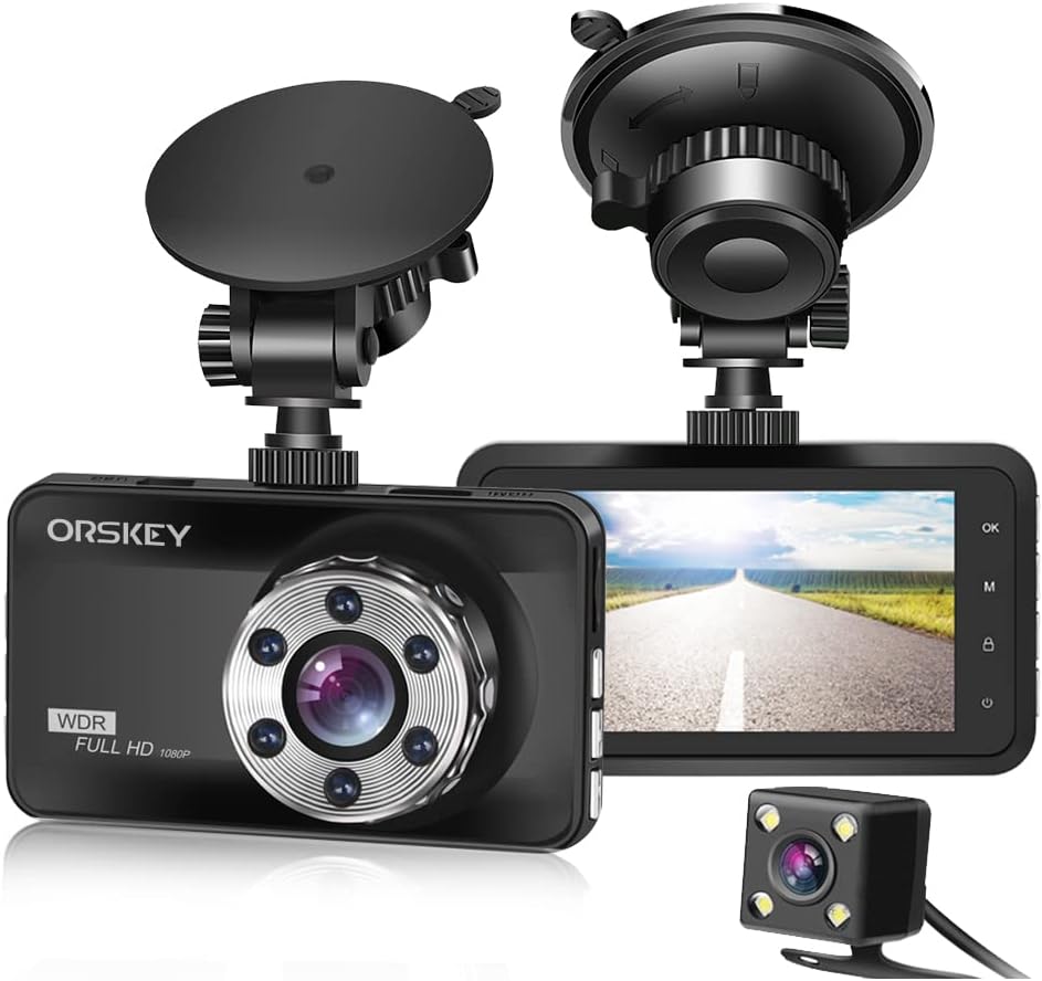 ORSKEY Dash Cam Front and Rear 1080P Full HD Dual Dash Camera in Car Camera Dashboard Camera Dashcam for Cars 170 Wide Angle with 3.0″ LCD Display Night Vision and G-Sensor