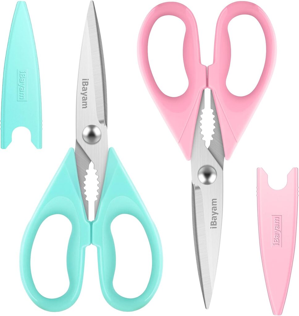 iBayam Kitchen Scissors – All Purpose Heavy Duty Meat Scissors, Poultry Shears, Dishwasher Safe, Stainless Steel, 2-Pack, Pastel Pink, Mint Blue