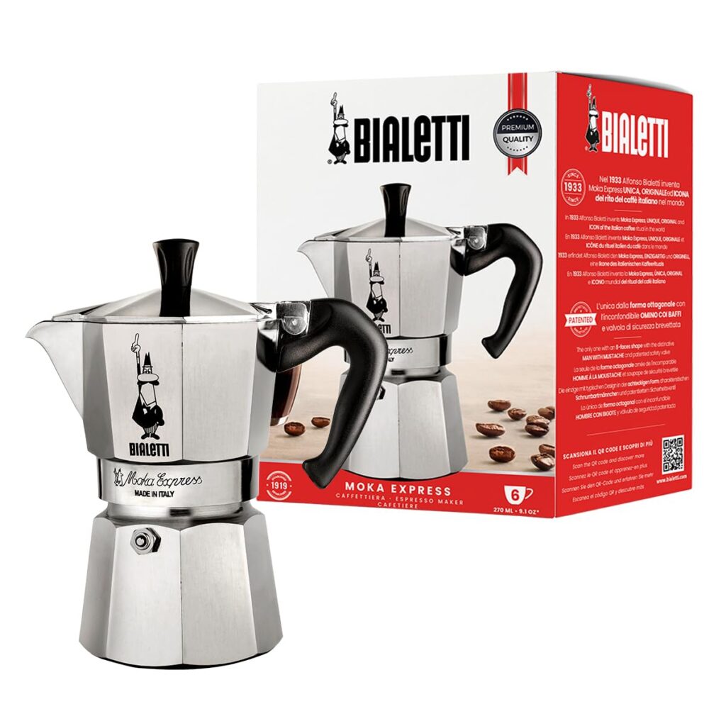 Bialetti Moka Express Iconic Italian Stovetop Espresso Maker (Natural Silver, 6 Cups)