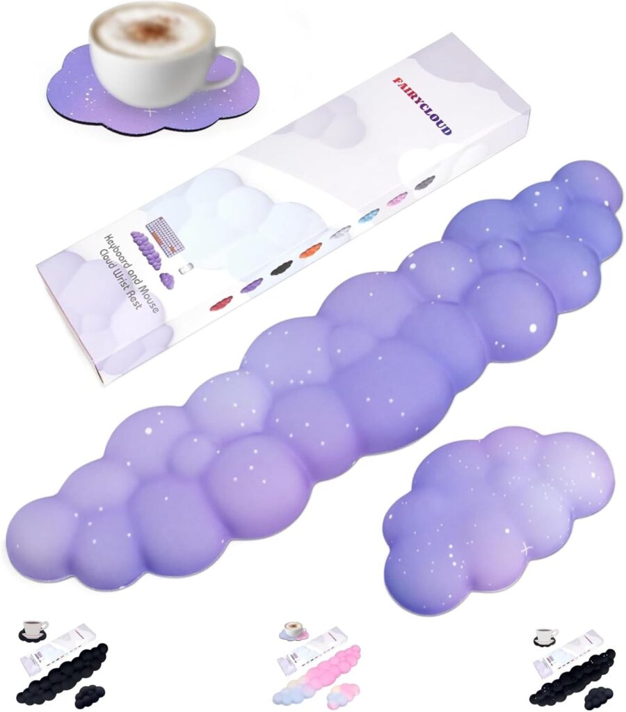 Cloud Wrist Rest Set for Keyboard and Mouse, Includes Cute Coaster, with Computers and Laptops(Purple Star Set)