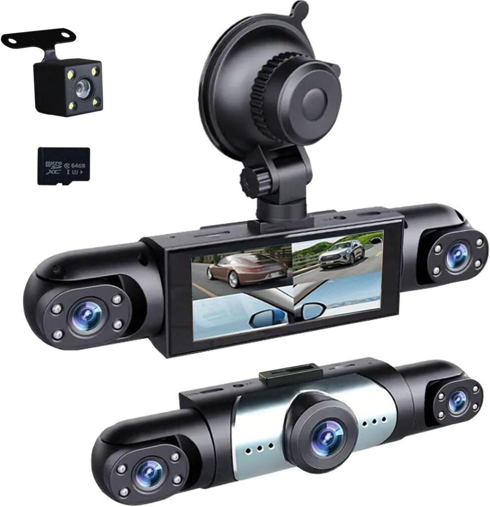 360° Full View Dash Cam Front and Rear Inside, 4 Channel Dashcam 1080P Full HD Dash Camera for Cars with Infrared Lamps Night Vision G-Sensor, Parking Mode, 64GB SD Card Car Accessories