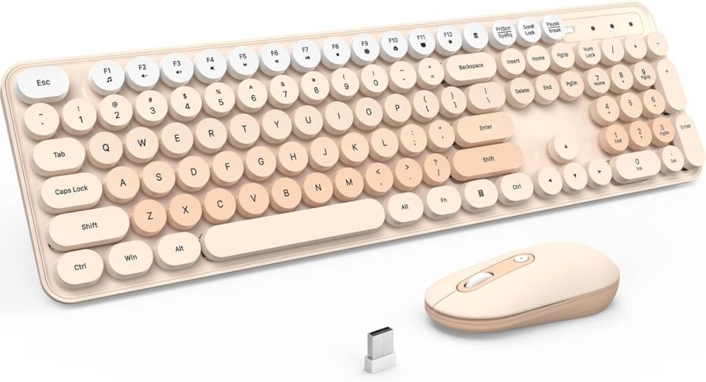 Wireless Keyboard and Mouse, Silent Keyboard Mouse Combo, Full-Sized Colorful Typewriter Keyboard with Round Keycaps, 2.4G Cute Mouse Compatible with PC/Laptop/Computer(Milk Tea)