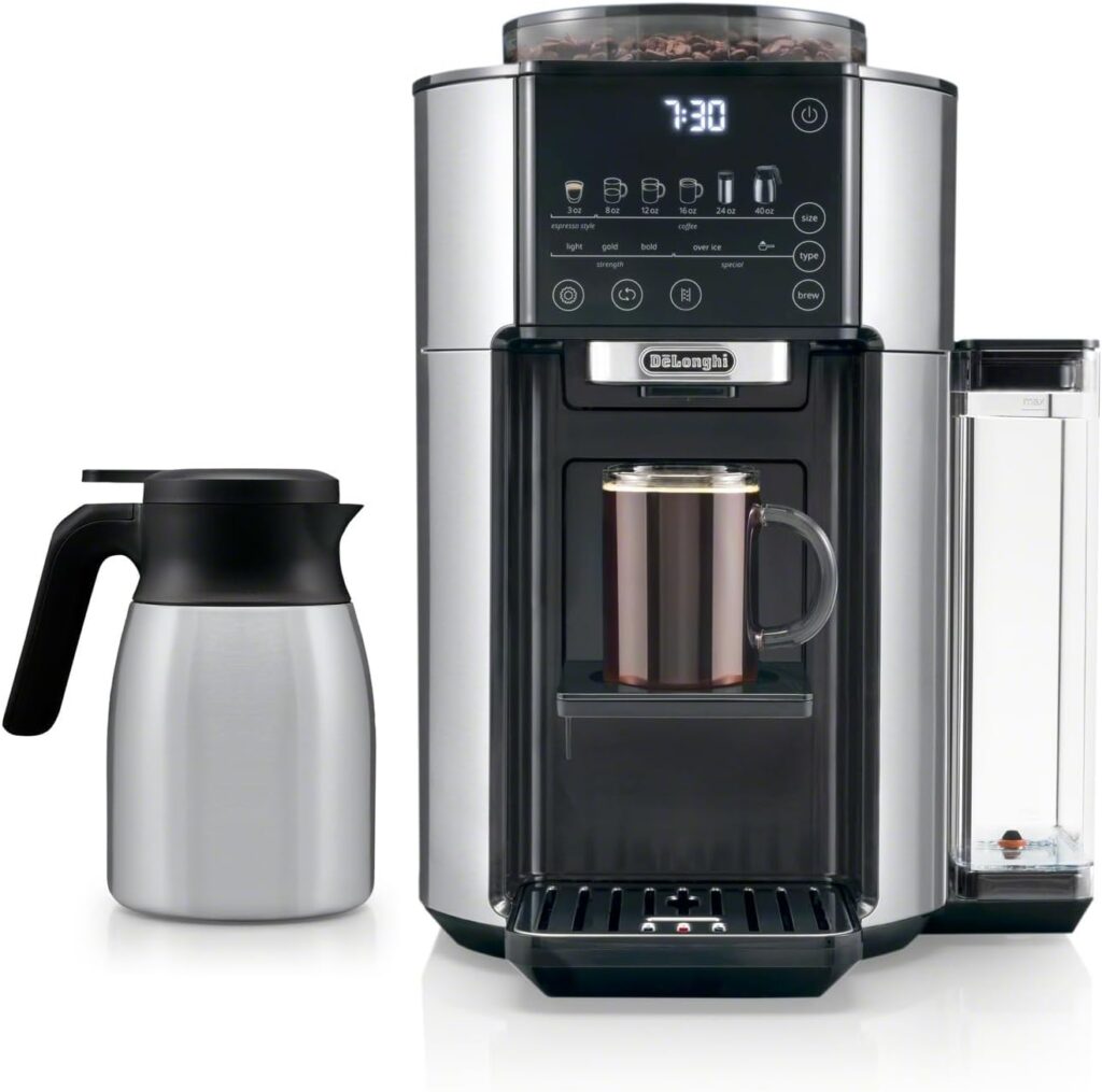 De’Longhi TrueBrew Drip Coffee Maker, Built in Grinder, Single Serve, 8 oz to 24 oz with 40 oz Carafe, Hot or Iced Coffee, Stainless,CAM51035M