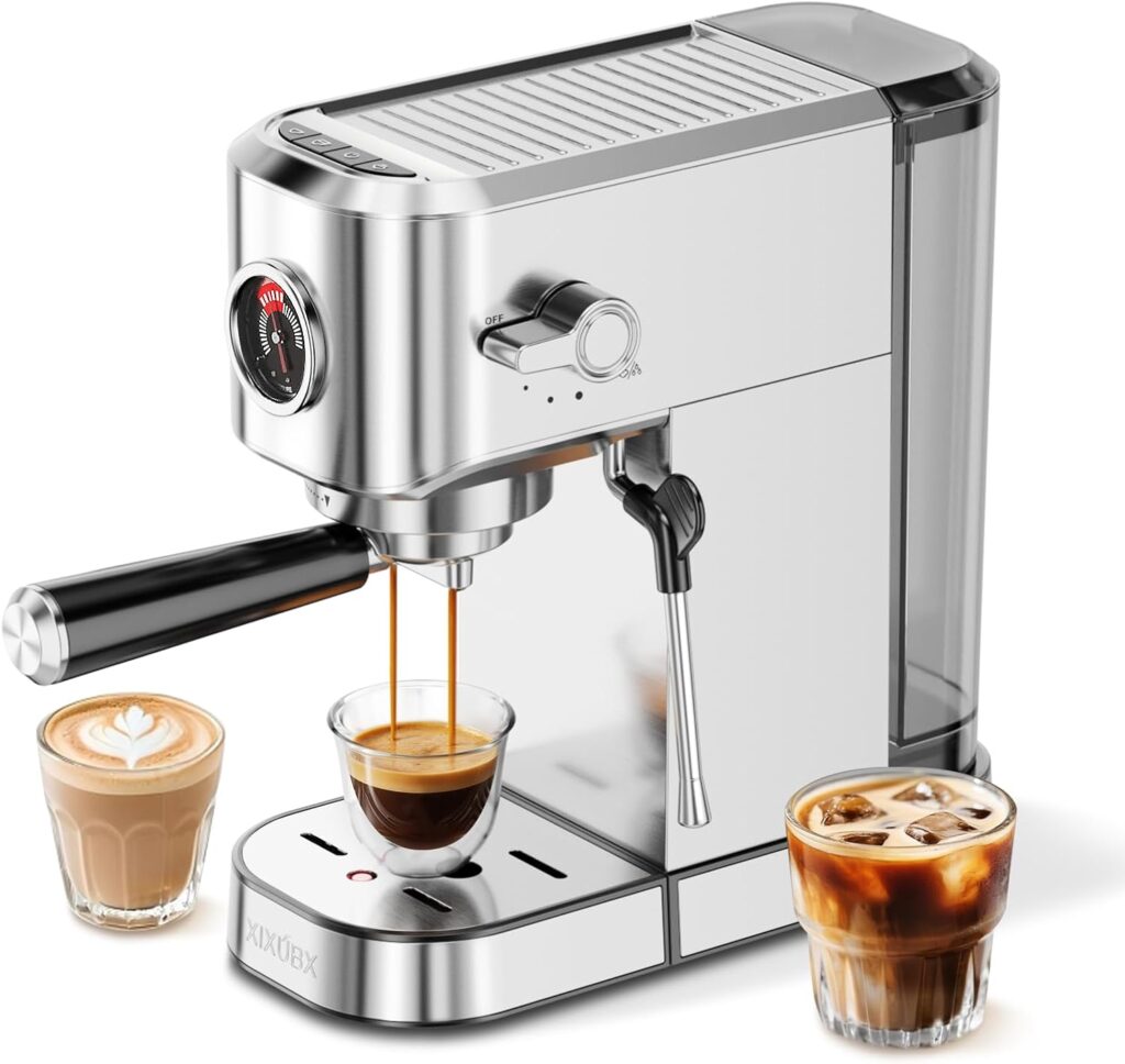 20Bar Espresso Machine, Compact Espresso Maker with Milk Frother, Stainless Steel Coffee Machine for Cappuccino&Latte, 42oz Water Tank, Visible Pressure Gauge, Home&Office, Silver