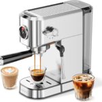 20Bar Espresso Machine, Compact Espresso Maker with Milk Frother, Stainless Steel Coffee Machine for Cappuccino&Latte, 42oz Water Tank, Visible Pressure Gauge, Home&Office, Silver