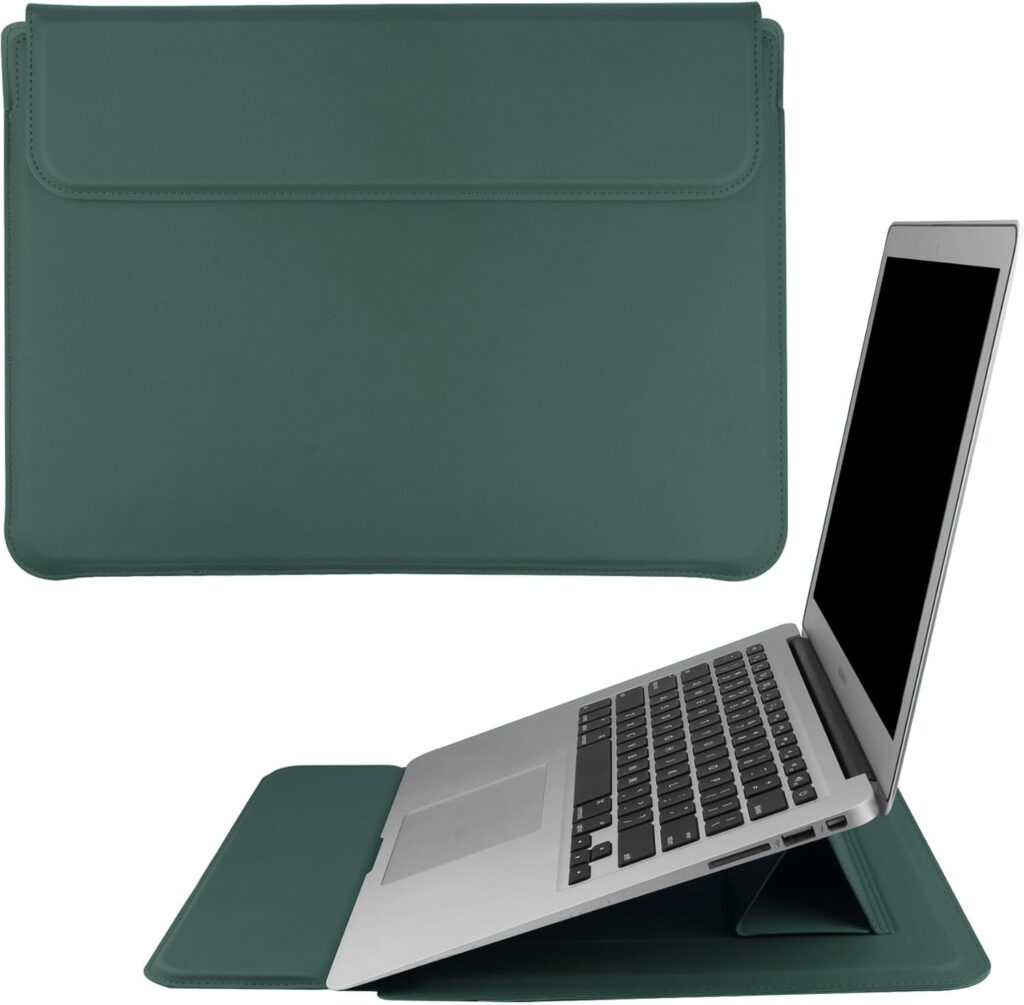 13.3 Inch Laptop Sleeve Case PU Leather Case Compatible with MacBook Air M1 M2 2022-2018 / MacBook Pro 13 M2 2022-2016, Surface Pro 8 2021 / Surface Go 3 2021, Sleeve Pouch with Stand Green