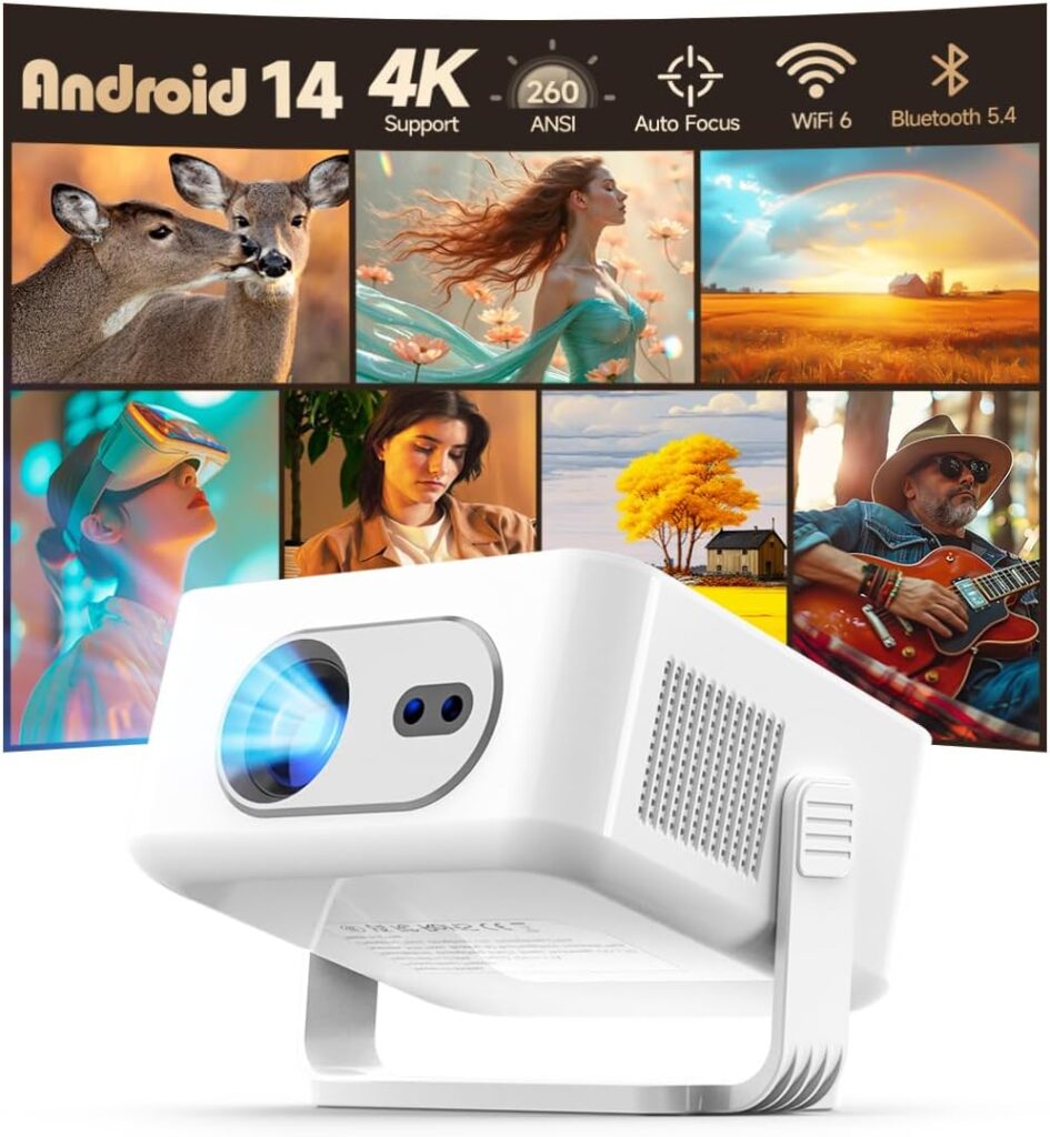 2025 Android 14 Smart Projector 4K & 8K Support, Portable Projector with WiFi 6 and Bluetooth 5.4, Auto Focus & Vertical Keystone, 180°Rotatable, Mini Proyector for Outdoor Home HY300Max