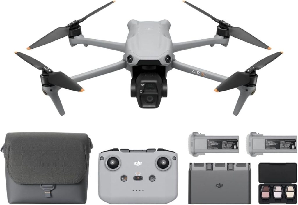DJI Air 3S Fly More Combo (RC-N3), Drone with 1″ CMOS Wide-Angle & Medium Tele Camera, 4K/60fps HDR Video, Nightscape Omnidirectional Obstacle Sensing & 3 Batteries for Extended Flight Time