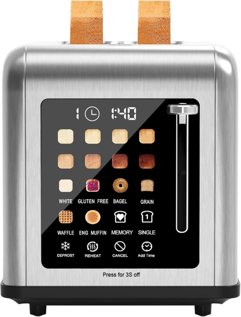 2 Slice Toaster Touch Screen, Stainless Steel Toasters Digital Timer 2 Slot Toasters, 8 Shade Settings 6 Bread Types for Bagel, Cancel, Defrost(Stainless Steel)