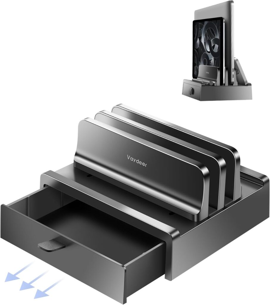 Vaydeer Vertical Laptop Stand with Drawer, Dual Slots Plastic Laptop Holder with Space Saving 4-in-1 Design, Adjustable Laptop Stand for Desk, Supports MacBook, Chromebook, Surface, Dell