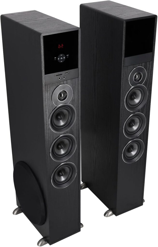 Rockville TM150B Powered Home Theater Tower Speaker System, Black, 1000W, 10″ Subwoofers, Bluetooth, USB/SD Playback, FM Radio, Remote Control, Karaoke Ready, Perfect for Home Entertainment