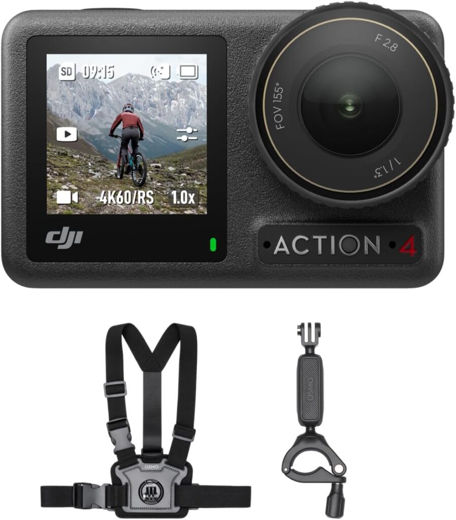 DJI Osmo Action 4 Motorcycling/Mountain Cycling Combo, Action Camera 4K with 155º FOV, 1/1.3-Inch Sensor, Stabilization, with Chest Strap Mount, Waterproof Action Camera for Travel, Outdoor, Sports