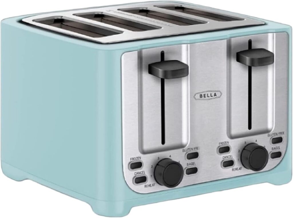 bella 4 Slice Toaster with Auto Shut Off – Extra Wide Slots & Removable Crumb Tray and Cancel, Defrost & Reheat Function – Toast Bread & Bagel, Stainless Steel and Aqua