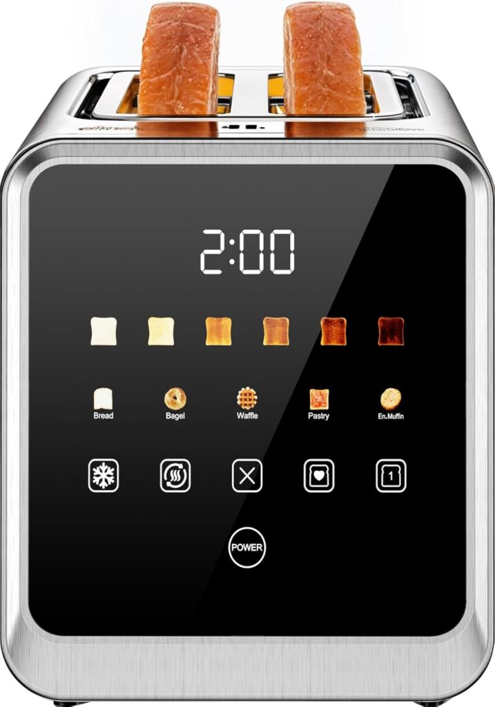 Touch Screen Toaster 2-Slice with 1.5″ Wide Slots & Memory Recall | 900W Stainless Steel Smart Digital Toasters | 6 Shade Settings for Bagels & Thick Bread