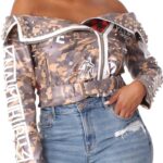 ForHer NYC Women’s Faux Leather Jacket, Camo Print with Red Plaid Back Panel, Off-Shoulder Style, Sizes S-2X – 81939