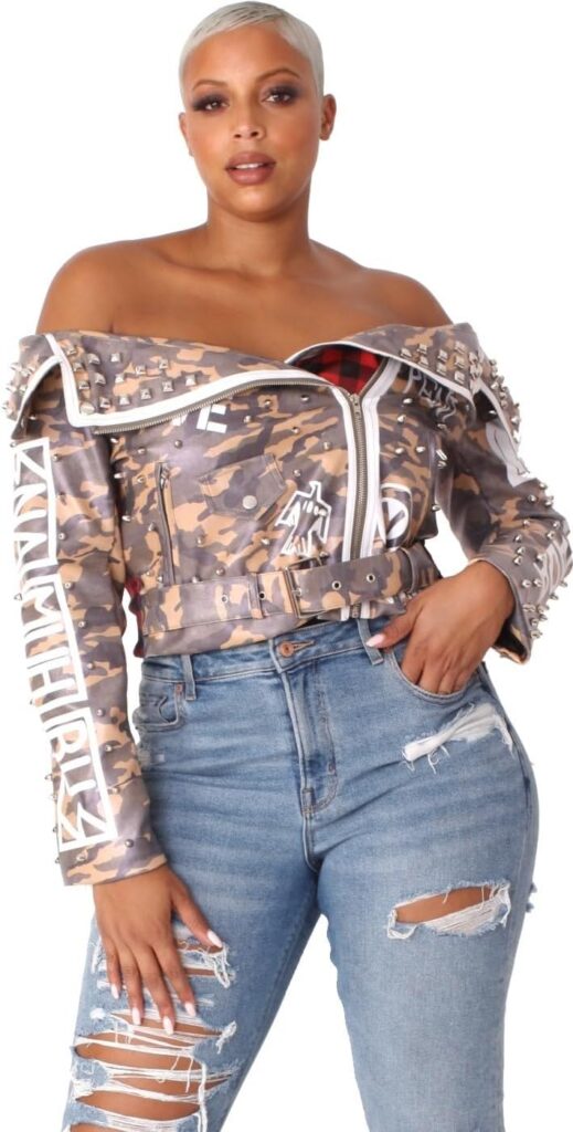 ForHer NYC Women’s Faux Leather Jacket, Camo Print with Red Plaid Back Panel, Off-Shoulder Style, Sizes S-2X – 81939