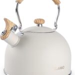 Tea Kettle, BELANKO 85 OZ / 2.5 Liter Whistling Tea Kettle Pots for Stove Top Food Grade Stainless Steel with Wood Pattern Folding Handle, Loud Whistle for Tea, Coffee, Milk – Milk White