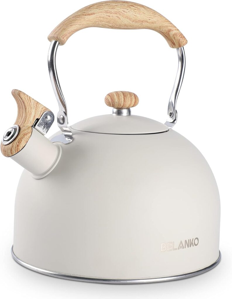 Tea Kettle, BELANKO 85 OZ / 2.5 Liter Whistling Tea Kettle Pots for Stove Top Food Grade Stainless Steel with Wood Pattern Folding Handle, Loud Whistle for Tea, Coffee, Milk – Milk White