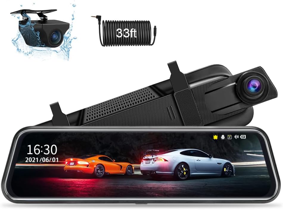 Upgraded 10” Rear View Mirror Camera Mirror Dash Cam Front and Rear 1080P Backup Camera Full Touch Screen w Loop Recording, G-Sensor Night Vision 170° Wide Angle