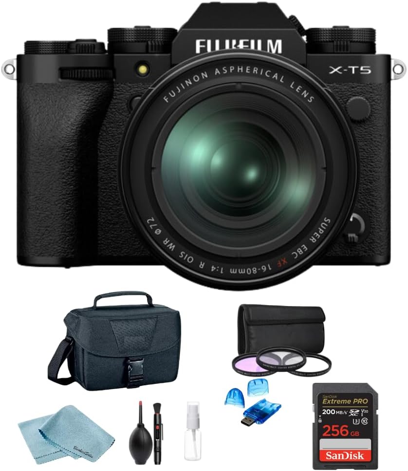 Fujifilm X-T5 Mirrorless Camera w/ XF16-80mm f/4 R OIS WR Lens, 256GB SanDisk Extreme Pro, Camera Bag, 3-Piece Filter Set, Card Reader & BluebirdSales Cleaning Kit (Black)