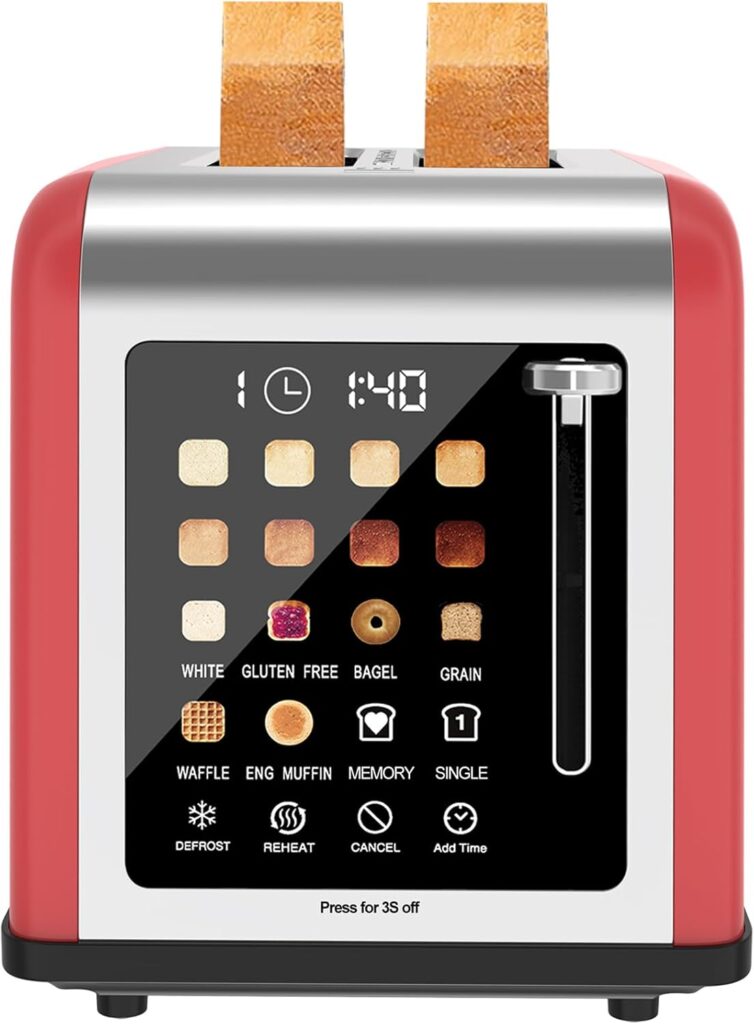 2 Slice Toaster Touch Screen, Stainless Steel Toasters Digital Timer 2 Slot Toasters, 8 Shade Settings 6 Bread Types for Bagel, Cancel, Defrost (Red)