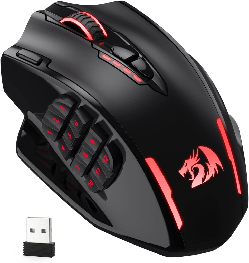 Redragon M913 Impact Elite Wireless Gaming Mouse, 16000 DPI Wired/Wireless RGB Mouse with 16 Programmable Buttons, 45 Hr Battery and Pro Optical Sensor, 12 Side Buttons MMO Mouse