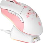 DAREU Sakura Pink Wireless Gaming Mouse with Charging Dock Rechargeable RGB,12K DPI,6 Programmable Buttons High-Precision Sensor [300IPS] [1000Hz] for PC Notebook Mac