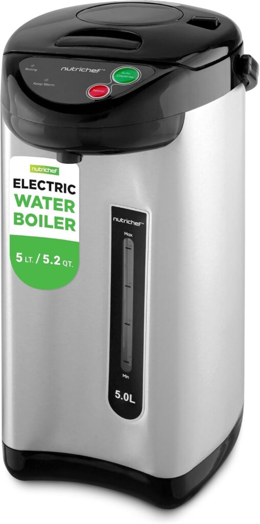 NutriChef 5.2 Qt Electric Water Kettle, Quick Heating, 5 Liter Digital Kettle with 5 Temperature Settings, Safety Lock, Stainless Steel, 3 Dispensing Options, Easy to Clean, 8.46″ x 11.2″ x 16.5″