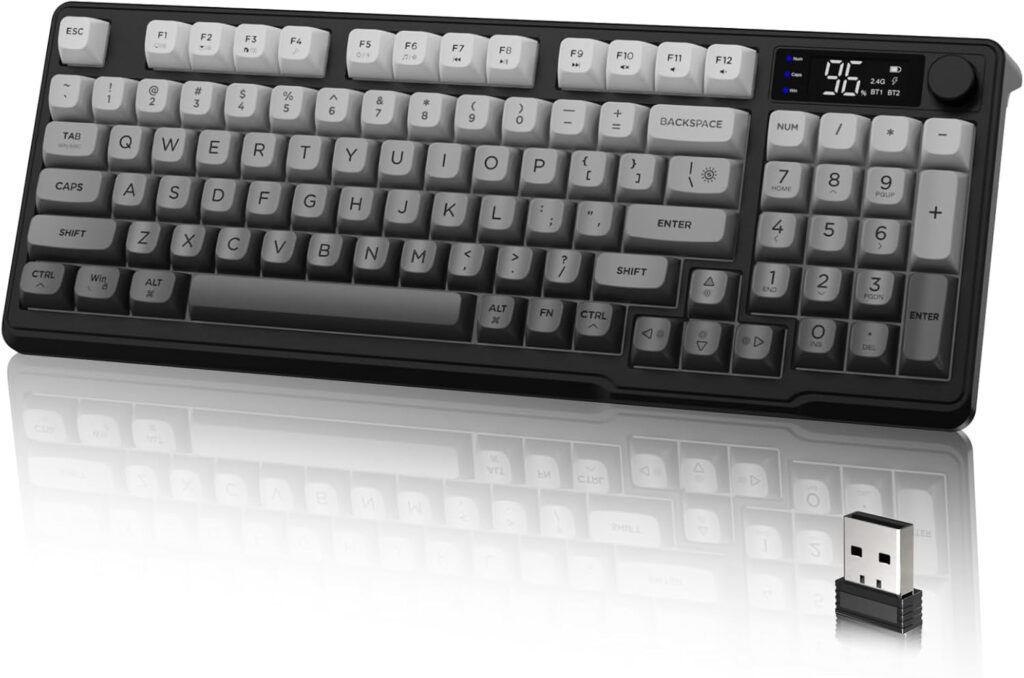 LexonElec M96 Wireless Keyboard, Low Profile Quiet Typing Membrane Gaming Keyboard with Smart Display & Knob, RGB Backlit, USB C Rechargeable, 94 Keys PBT Keycap for Windows PC,Mac,Linux-Moonlit Night