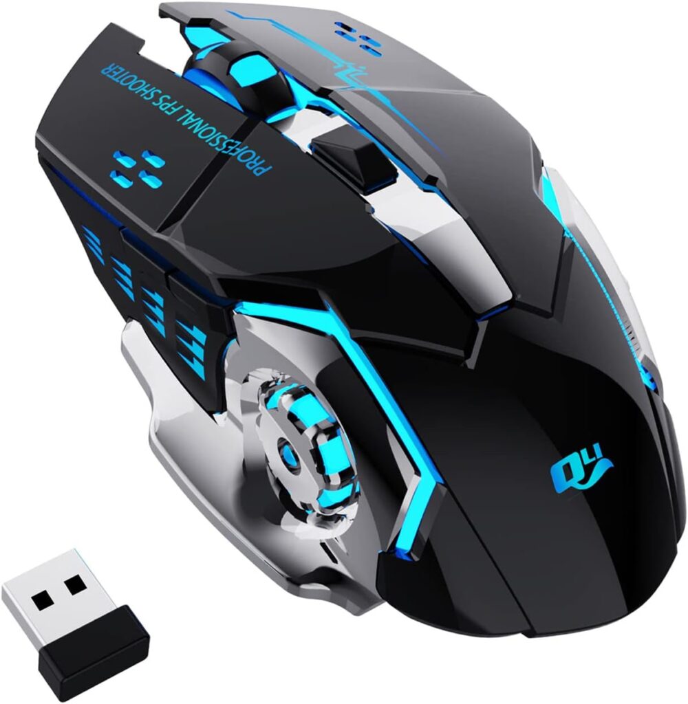 New 2.4G Wireless Rechargeable Gaming Mouse Silent Click with 6 Buttons, 3 Adjustable Levels DPI, Colorful LED Lights for Laptop, iPad, MacOS, PC, Windows, Android (Black)