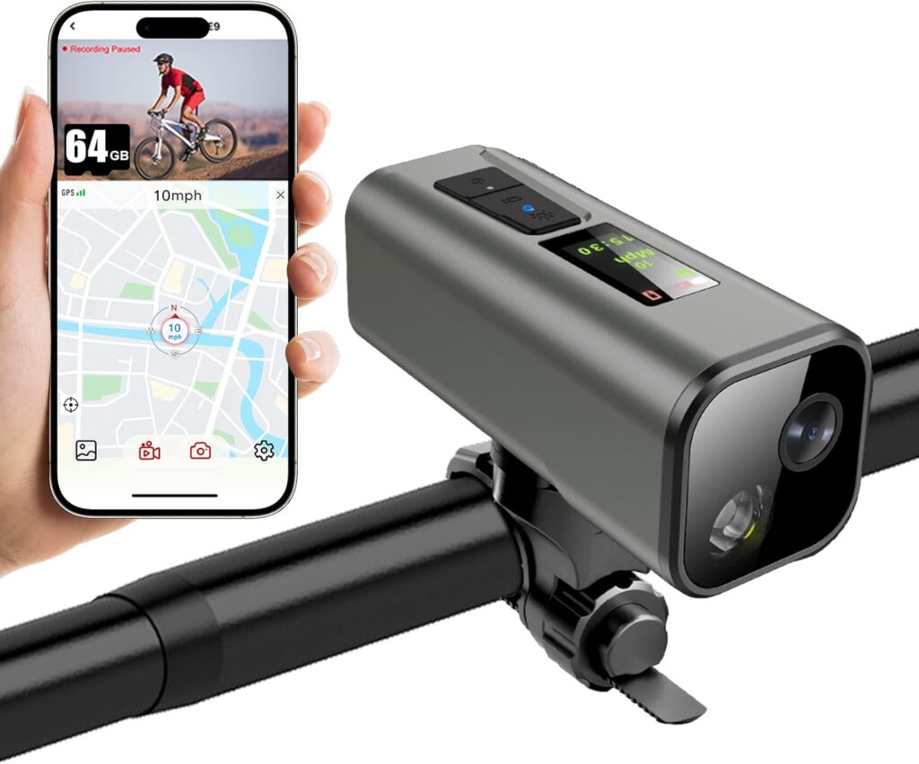 Action Camera 4K 30fps with GPS Tracker, Wireless Bike Camera, Cycling Speedometer/Odometer with 64GB Card, Anti-Shake Sport DV, IP65 Waterproof, Bicycle Light, Cycling Computer with APP Support, Grey