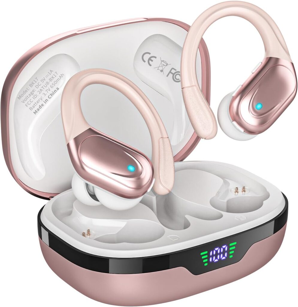 Wireless Earbuds, Sports Bluetooth Headphones, 80Hrs Playtime Ear Buds with LED Power Display, Noise Canceling Headset, IPX7 Waterproof Earphones for Workout/Running (Rose Gold)