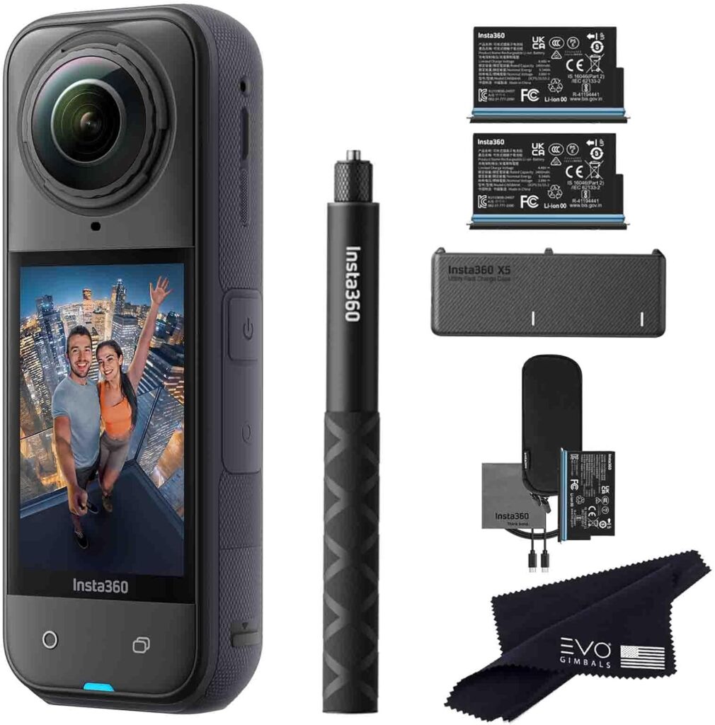 Insta360 X5 Battery Bundle- Waterproof 8K 360 Action Camera with 1/1.28″ Sensors, 8K 360 HDR Video,72MP Photo|Bundle Includes Extra 2 Batteries, Fast Charger, Invisible Selfie Stick, Lens Cap(No Card)