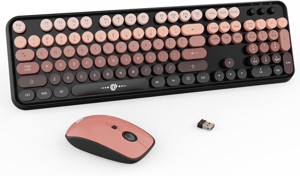 FD Wireless Keyboard and Mouse Combo – 2.4G Full-Sized Cute Colorful Mouse and Keyboard with 104 Round Keys Retro Typewriter Keyboard for Laptop/Windows/PC – Black Gradient