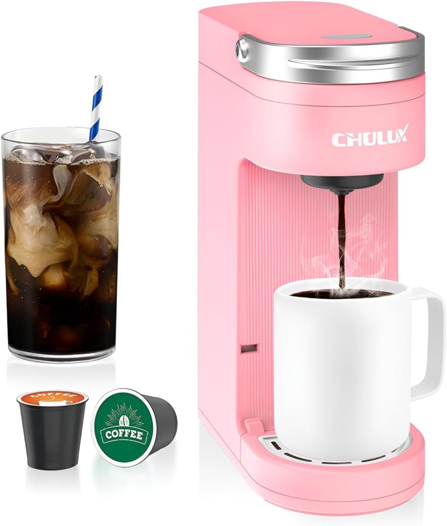 CHULUX Slim Single Serve Coffee Maker for K Pods, One Cup Coffee Maker Fits 7.3″ Travel Mugs, Coffee Machine with 6 to 12oz Brew Sizes, Salmon Pink