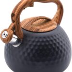 Tea Kettle Stovetop, 3.2 Qt Stainless Steel Whistling Kettle for Stove Top, Food Grade Teapot with Wood Pattern Handle for Coffee, Milk etc, Gas Electric Applicable (Black)