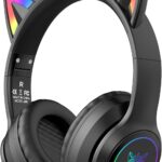 Cat Ear Bluetooth Headphones for Kids & Adults, 55H Play Time, Wireless Foldable & Wired Multi-Function LED Light Up Over Ear Headphones with Mic and Volume Control for iPhone/iPad/Laptop/PC