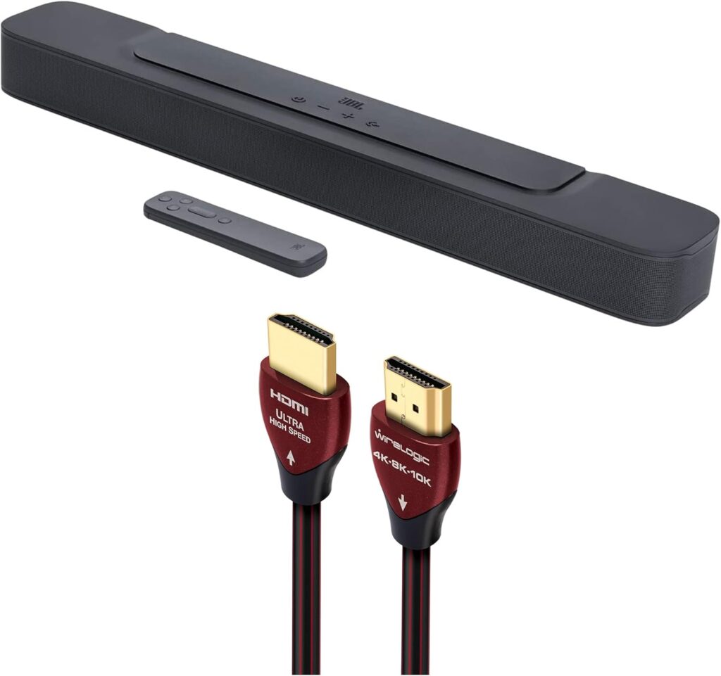 JBL BAR-2-0-ALL-IN-ONE-MK2 Compact 2ch Soundbar with Dolby Digital and a WireLogic Ruby 8ft Ultra High Speed 4K-8K-10K HDMI Cable w/UHD, HDR, VRR & eARC (2022)