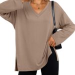 Trendy Queen Womens Oversized Long Sleeve T Shirts Side Slit Workout Tops Fall Fashion Plus Size Gym V Neck Basic Y2k Tees