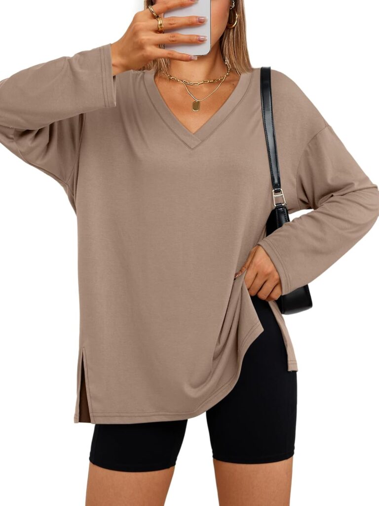Trendy Queen Womens Oversized Long Sleeve T Shirts Side Slit Workout Tops Fall Fashion Plus Size Gym V Neck Basic Y2k Tees