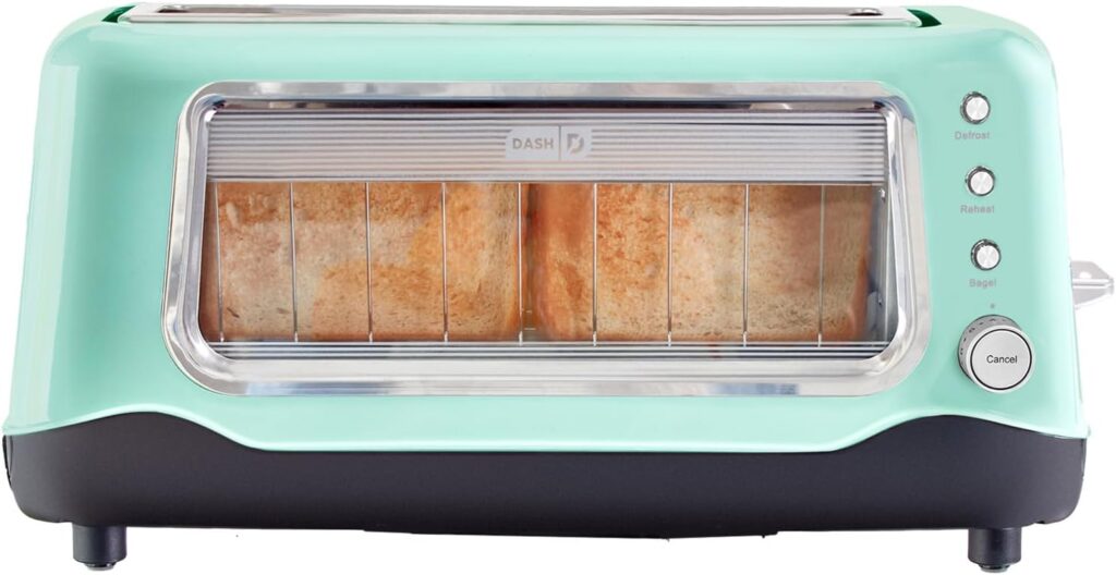 DASH Clear View Toaster – Compact Design with 7 Browning Levels & Clear-View Window, Extra-Wide Slot Large Toaster, 1-Touch Defrost, Reheat & Bagel Functions – Easy Clean Up Crumb Tray (Aqua)